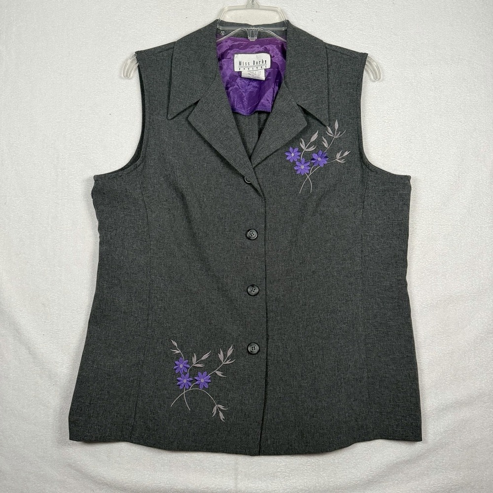 Miss Dorby Suit Jacket Vest 16P Gray Purple Floral Embroidery Button VTG